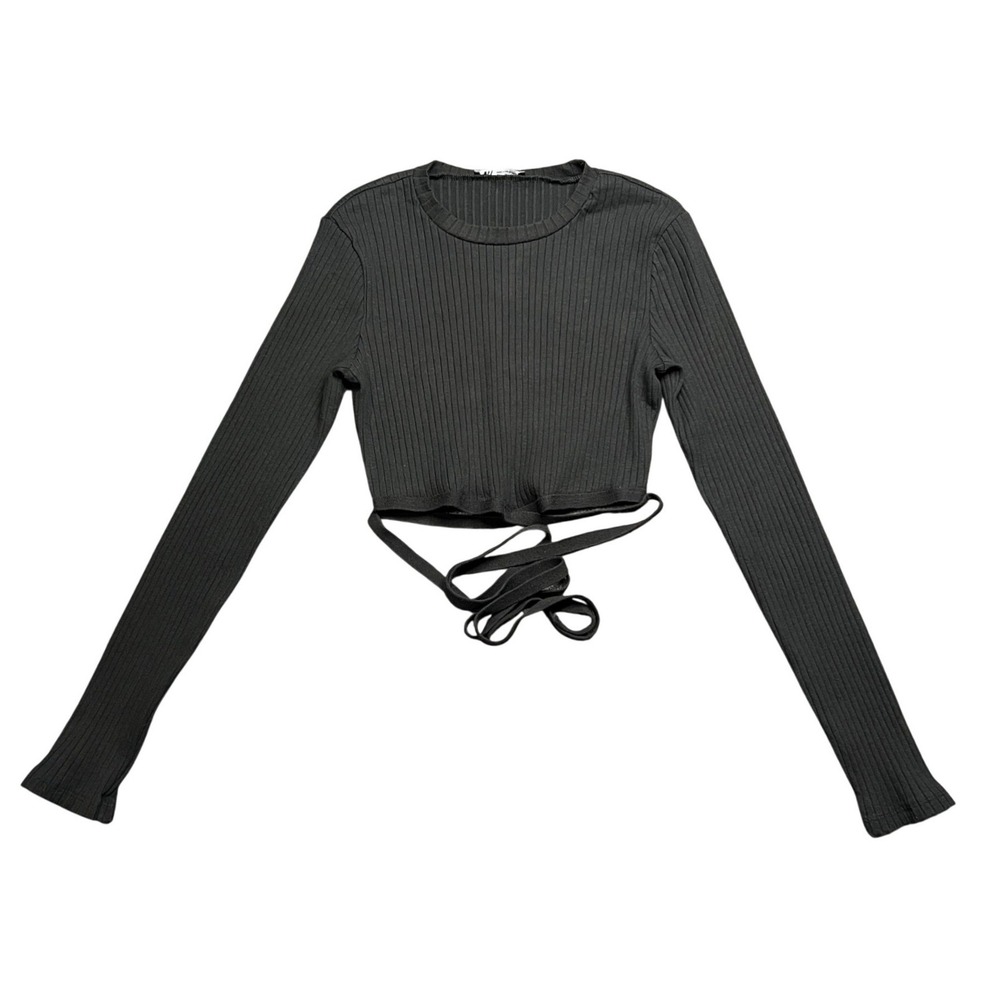 Zara Womens Large Black Ribbed Long Sleeve Crop Top Wrap‎ Tie Waist 3253/809